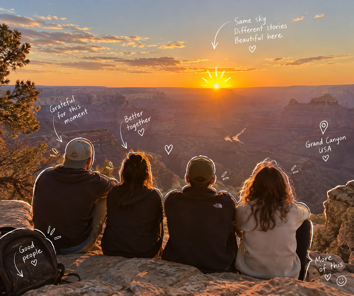 Quatre amis assis au bord du Grand Canyon devant le coucher de soleil, avec des annotations manuscrites
